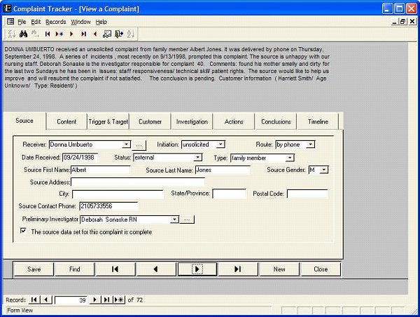 View of  Complaint Tracker complaint screen 